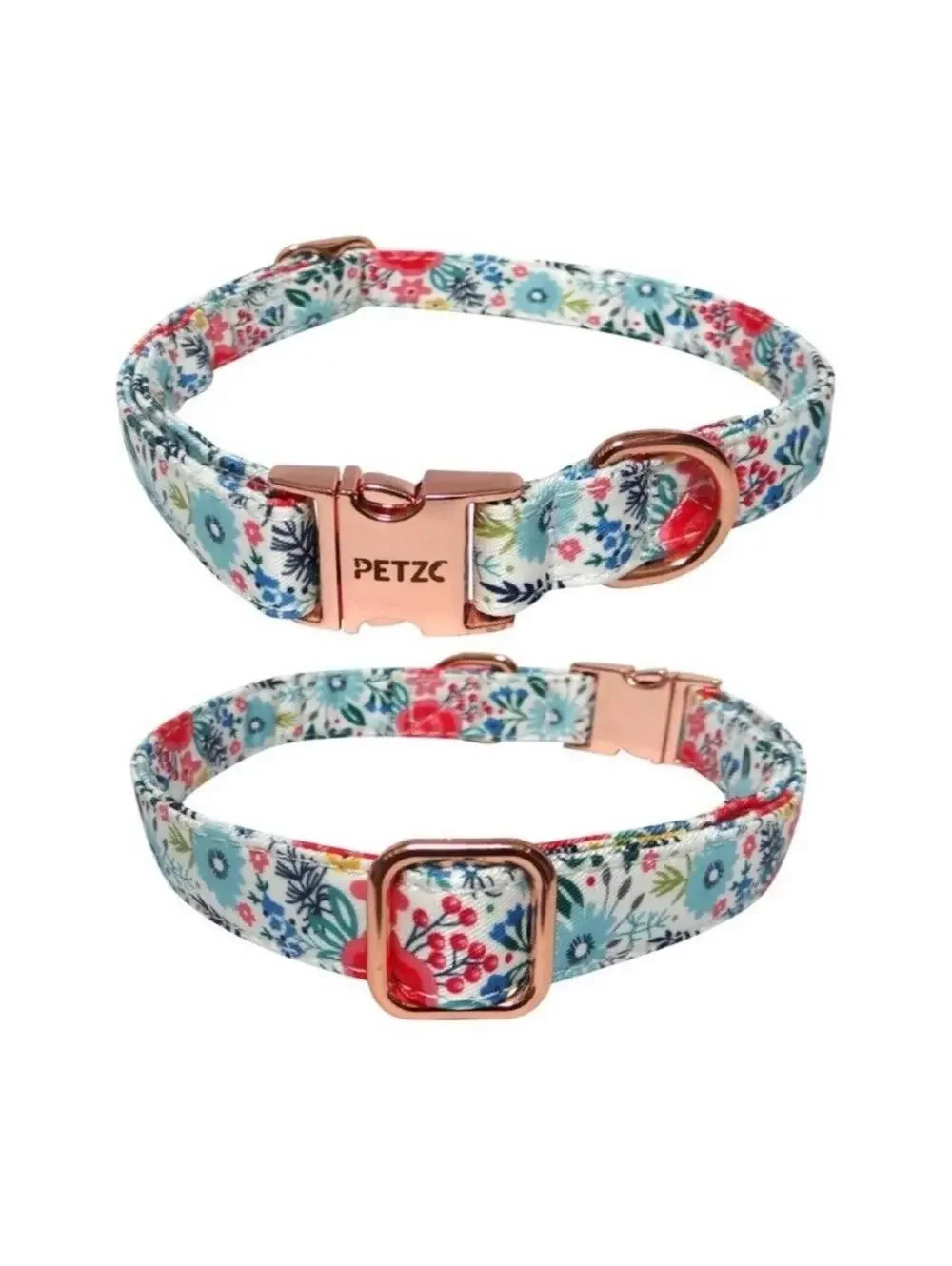 Dog Bow Tie Pet Collar, Blue Floral Metal Buckle Dog Collar, Adjustable Medium